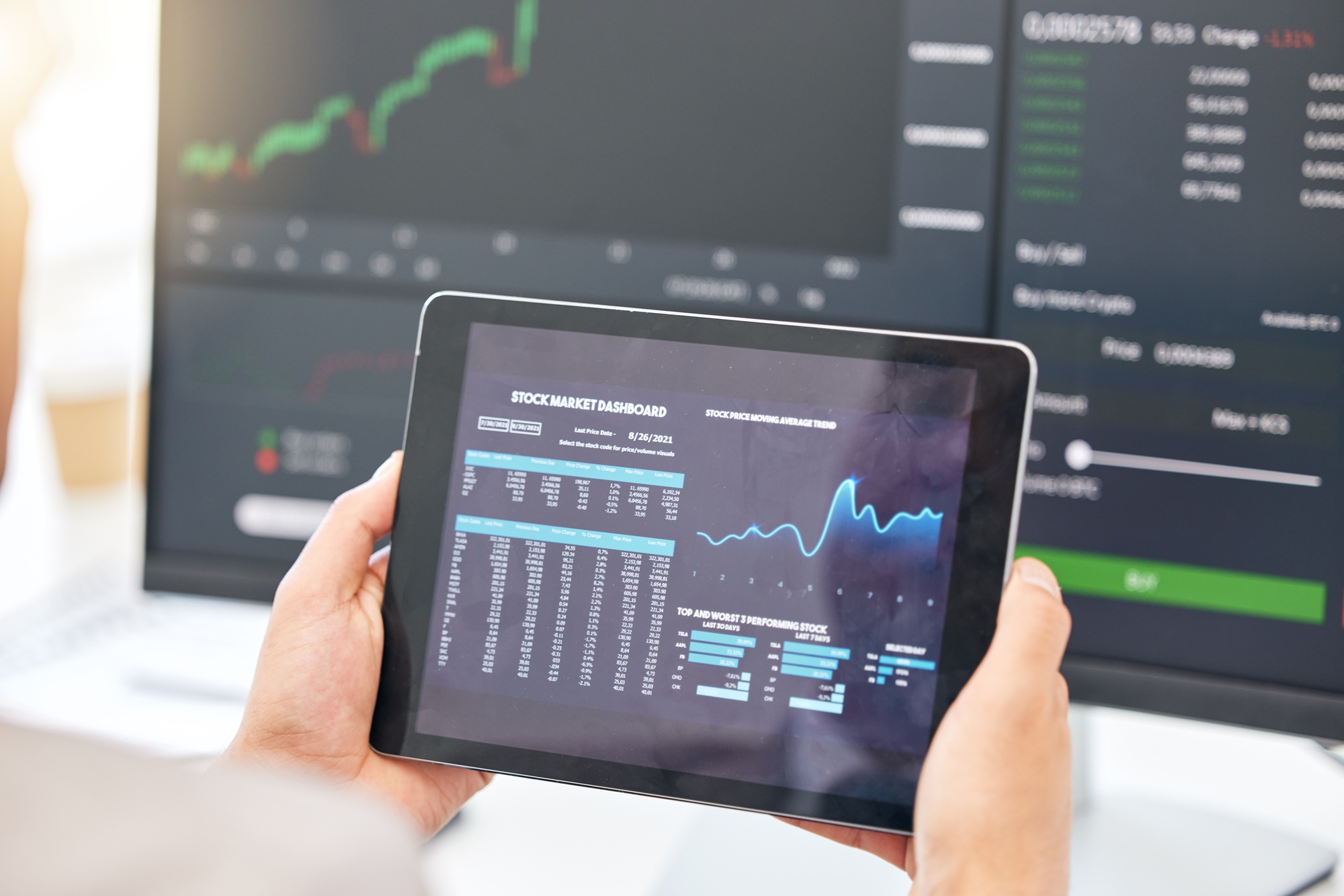 Tablet in hands, graphs and stock market with fintech and trading, investment and financial stats o