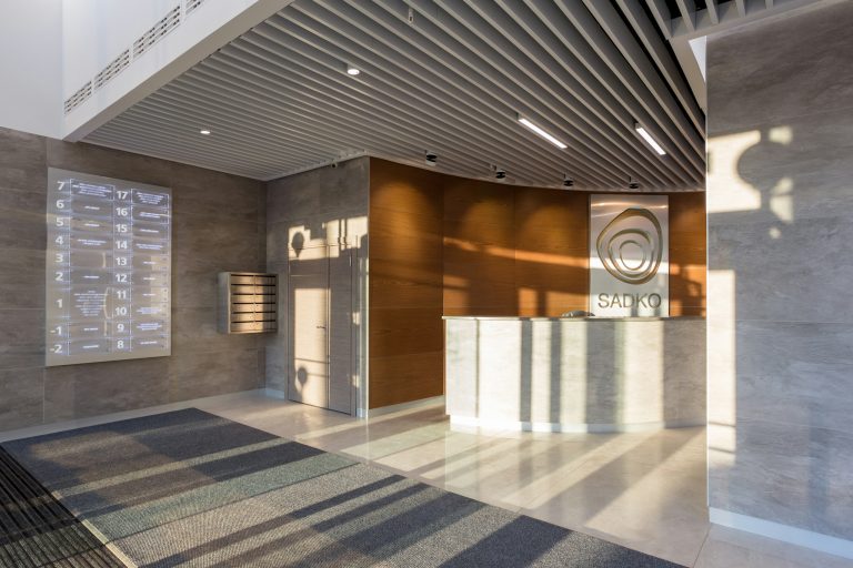 Entrance to the office center at sunset